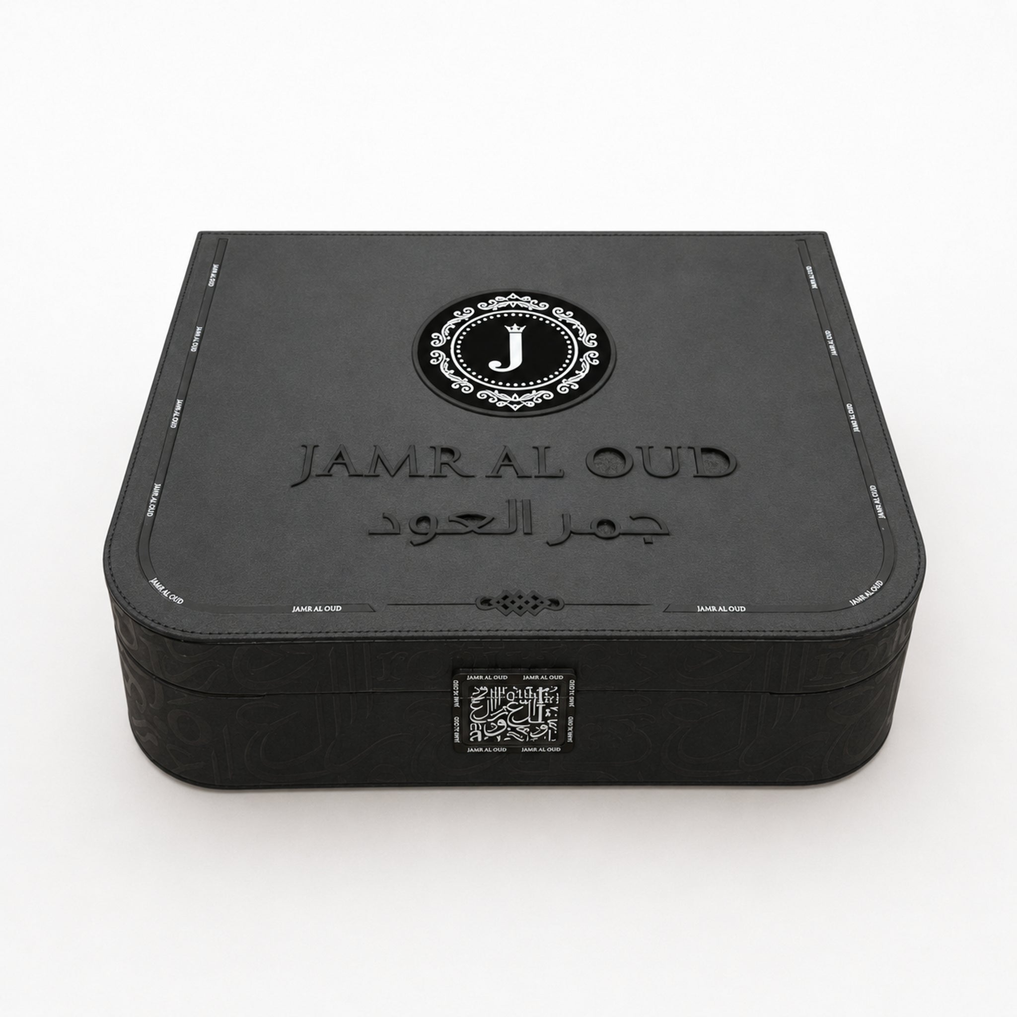 Al Bisht Selection Box: Closed black leather trunk with gold corners, clasp and Jamr Al Oud emblem