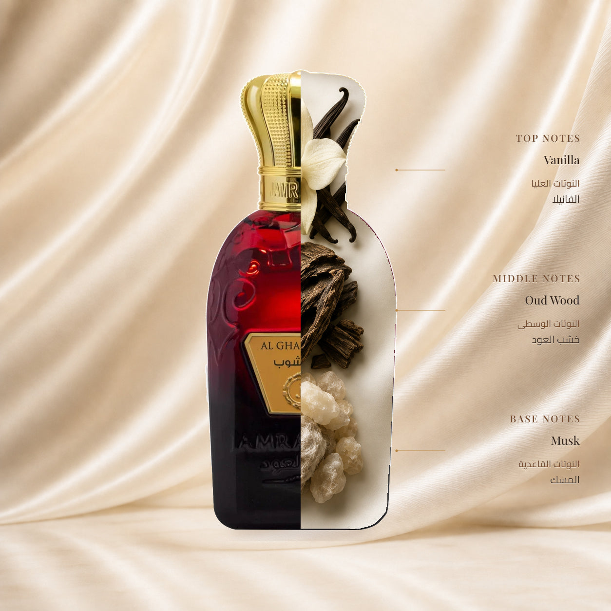AL GHARSHOB PERFUME | عطر الغرشوب — Top: Vanilla; Heart: Oud Wood; Base: Musk — الافتتاحية: الفانيلا؛ القلب: خشب العود؛ القاعدة: المسك