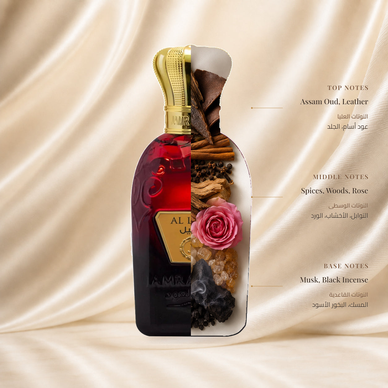 Al Lail Perfume | عطر الليل — Top: Assam Oud, Leather; Heart: Spices, Woods, Rose; Base: Musk, Black Incense — الافتتاحية: عود أسام، الجلد؛ القلب: التوابل، الأخشاب، الورد؛ القاعدة: المسك، البخور الأسود