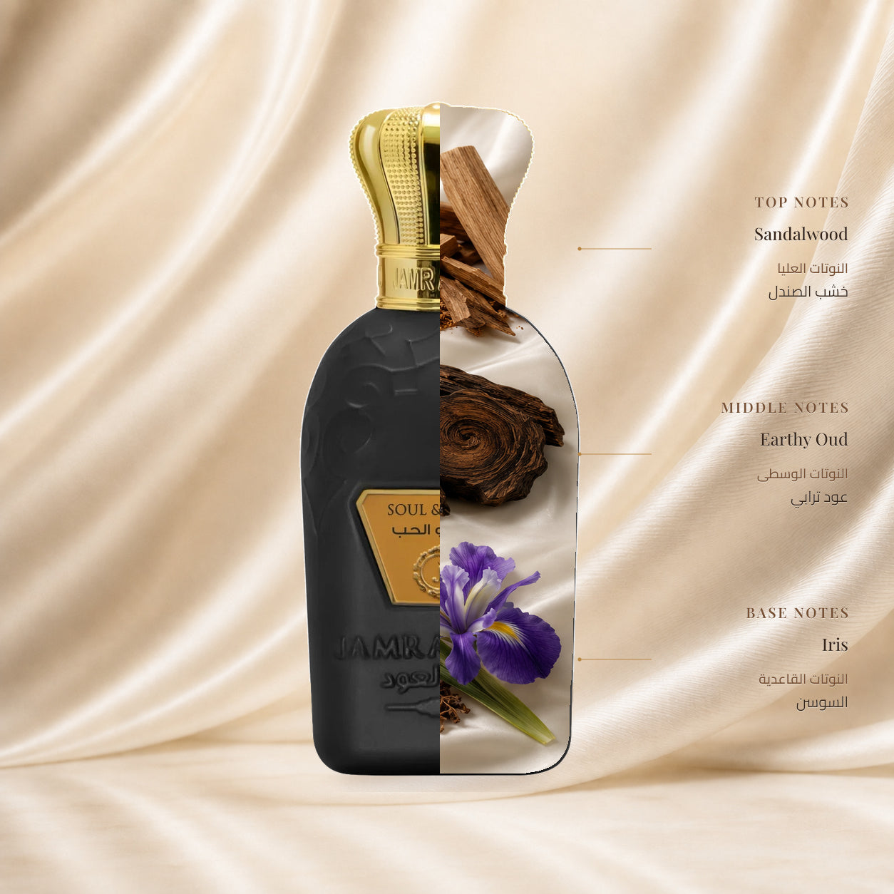 Soul and Love perfume | عطر الروح والحب — Top: Sandalwood; Heart: Earthy Oud; Base: Iris — الافتتاحية: خشب الصندل؛ القلب: عود ترابي؛ القاعدة: السوسن