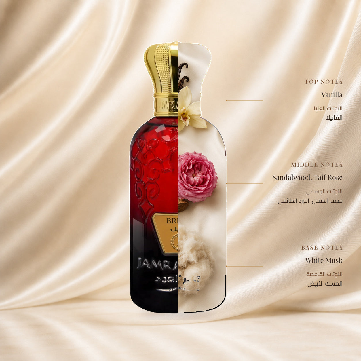 BREEL PERFUME | عطر بريل — Top: Vanilla; Heart: Sandalwood, Taif Rose; Base: White Musk — الافتتاحية: الفانيلا؛ القلب: خشب الصندل، الورد الطائفي؛ القاعدة: المسك الأبيض