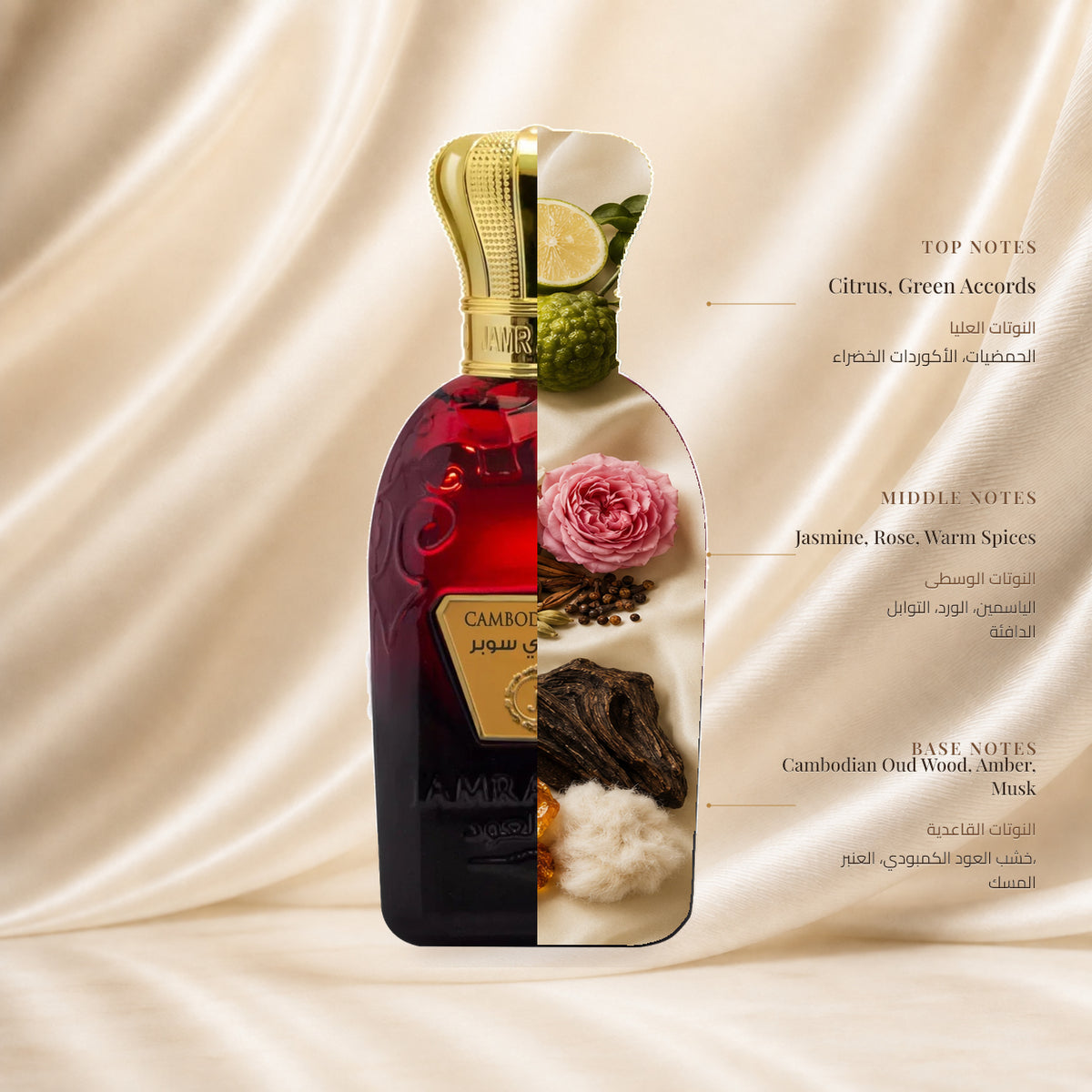 Camobodain Super Perfume | عطر كمبودي سوبر — Top: Citrus, Green Accords; Heart: Jasmine, Rose, Warm Spices; Base: Cambodian Oud Wood, Amber, Musk — الافتتاحية: الحمضيات، الأكوردات الخضراء؛ القلب: الياسمين، الورد، التوابل الدافئة؛ القاعدة: خشب العود الكمبودي، العنبر، المسك