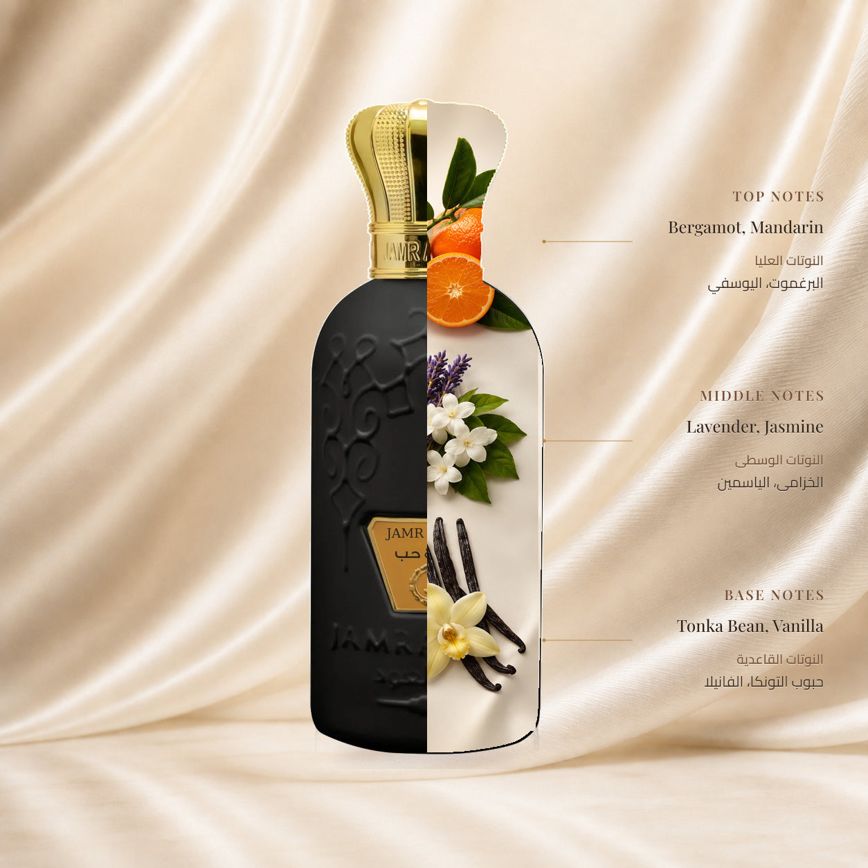 Jamr & Hub Perfume | عطر جمر وحب — Top: Bergamot, Mandarin; Heart: Lavender, Jasmine; Base: Tonka Bean, Vanilla — الافتتاحية: البرغموت، اليوسفي؛ القلب: الخزامى، الياسمين؛ القاعدة: حبوب التونكا، الفانيلا
