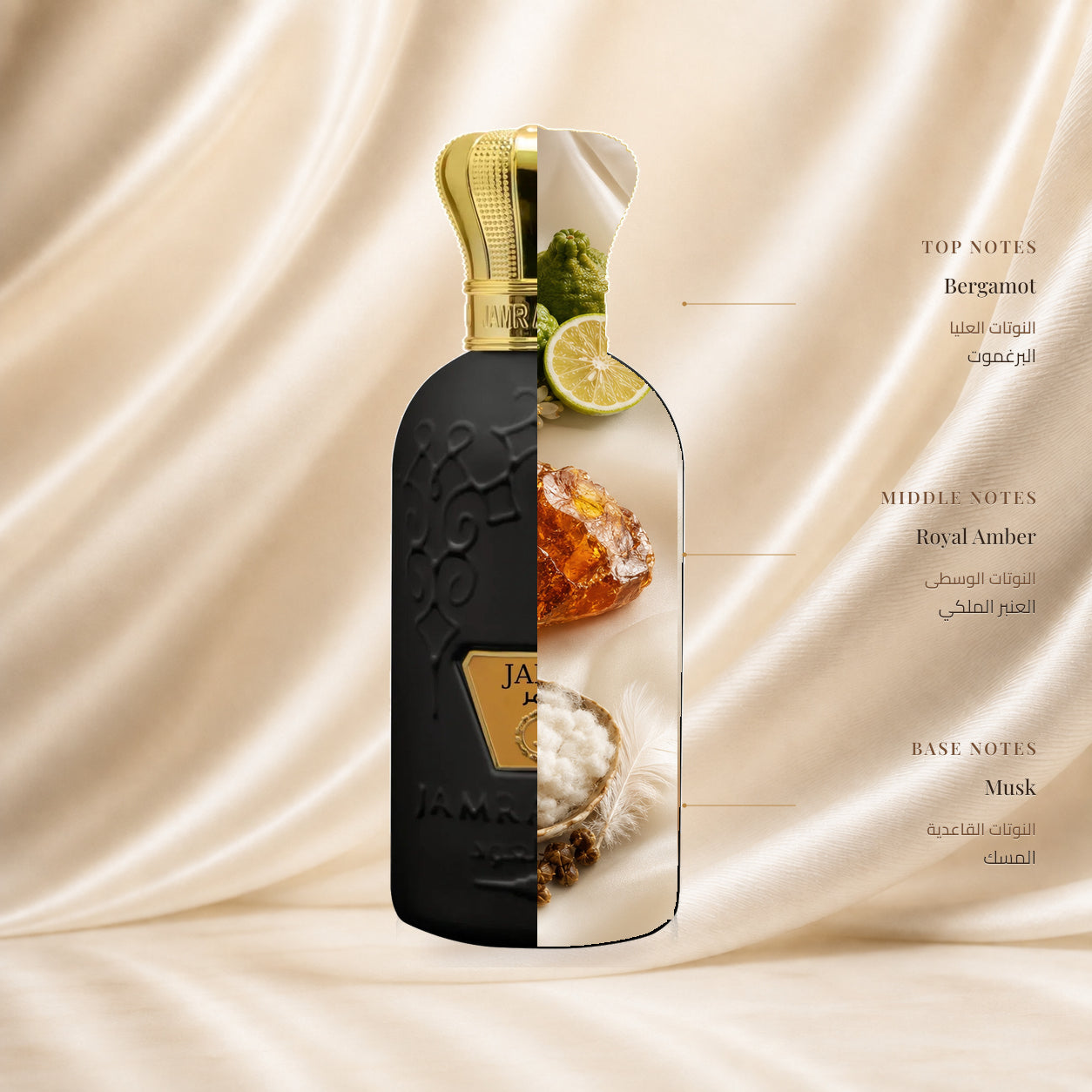 Jamr Perfume | عطر جمر — Top: Bergamot; Heart: Royal Amber; Base: Musk — الافتتاحية: البرغموت؛ القلب: العنبر الملكي؛ القاعدة: المسك