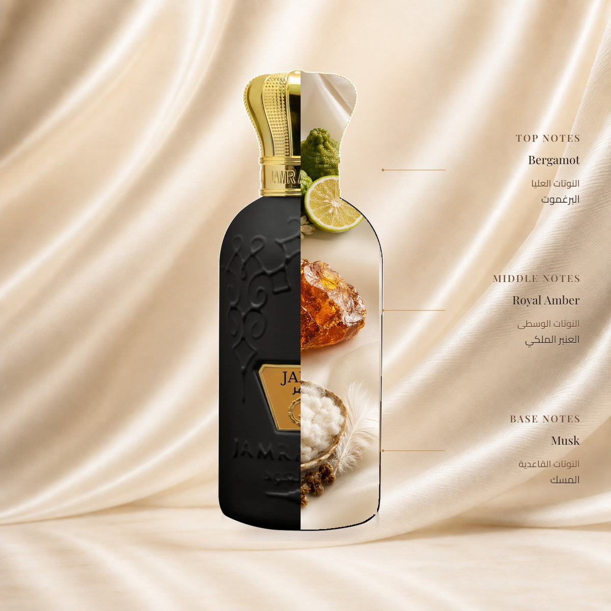 Jamr Perfume | عطر جمر — Top: Bergamot; Heart: Royal Amber; Base: Musk — الافتتاحية: البرغموت؛ القلب: العنبر الملكي؛ القاعدة: المسك