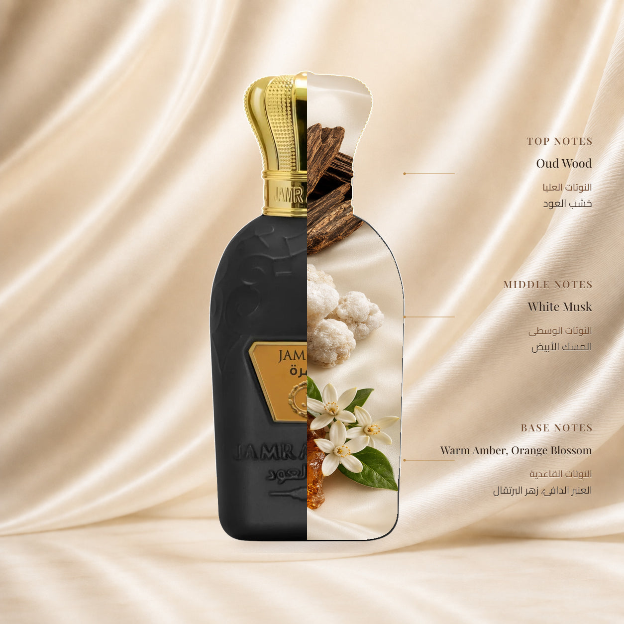 JAMRAH PERFUME | عطر جمرة — Top: Oud Wood; Heart: White Musk; Base: Warm Amber, Orange Blossom — الافتتاحية: خشب العود؛ القلب: المسك الأبيض؛ القاعدة: العنبر الدافئ، زهر البرتقال