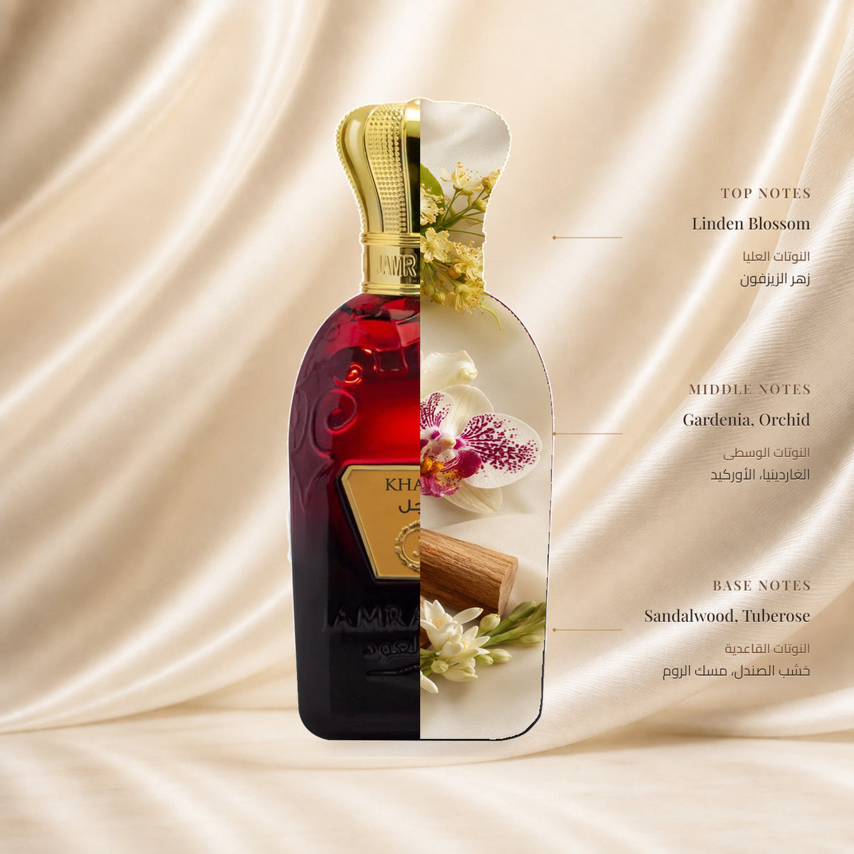 Kajal Perfume | Jamr Al Oud | عطر خجل — Top: Linden Blossom; Heart: Gardenia, Orchid; Base: Sandalwood, Tuberose — الافتتاحية: زهر الزيزفون؛ القلب: الغاردينيا، الأوركيد؛ القاعدة: خشب الصندل، مسك الروم