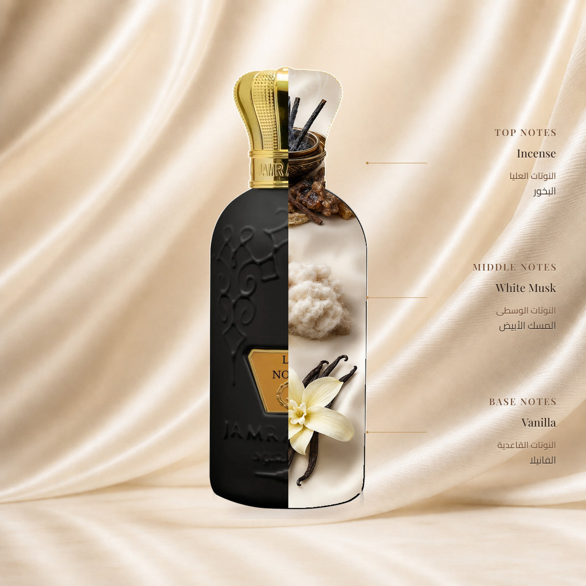 La noor Perfume | عطر لانور — Top: Incense; Heart: White Musk; Base: Vanilla — الافتتاحية: البخور؛ القلب: المسك الأبيض؛ القاعدة: الفانيلا