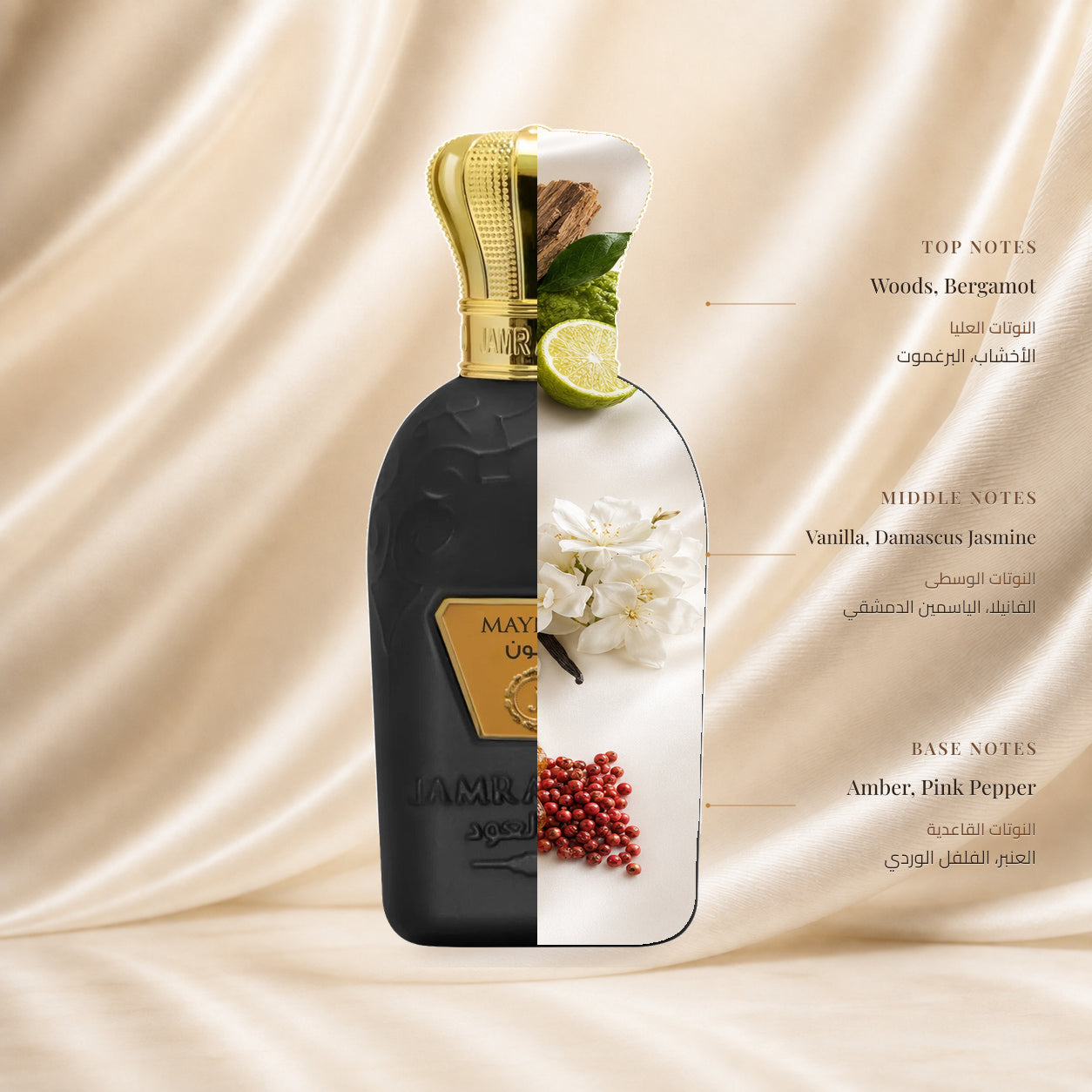 Maynon Perfume | عطر مينون — Top: Woods, Bergamot; Heart: Vanilla, Damascus Jasmine; Base: Amber, Pink Pepper — الافتتاحية: الأخشاب، البرغموت؛ القلب: الفانيلا، الياسمين الدمشقي؛ القاعدة: العنبر، الفلفل الوردي