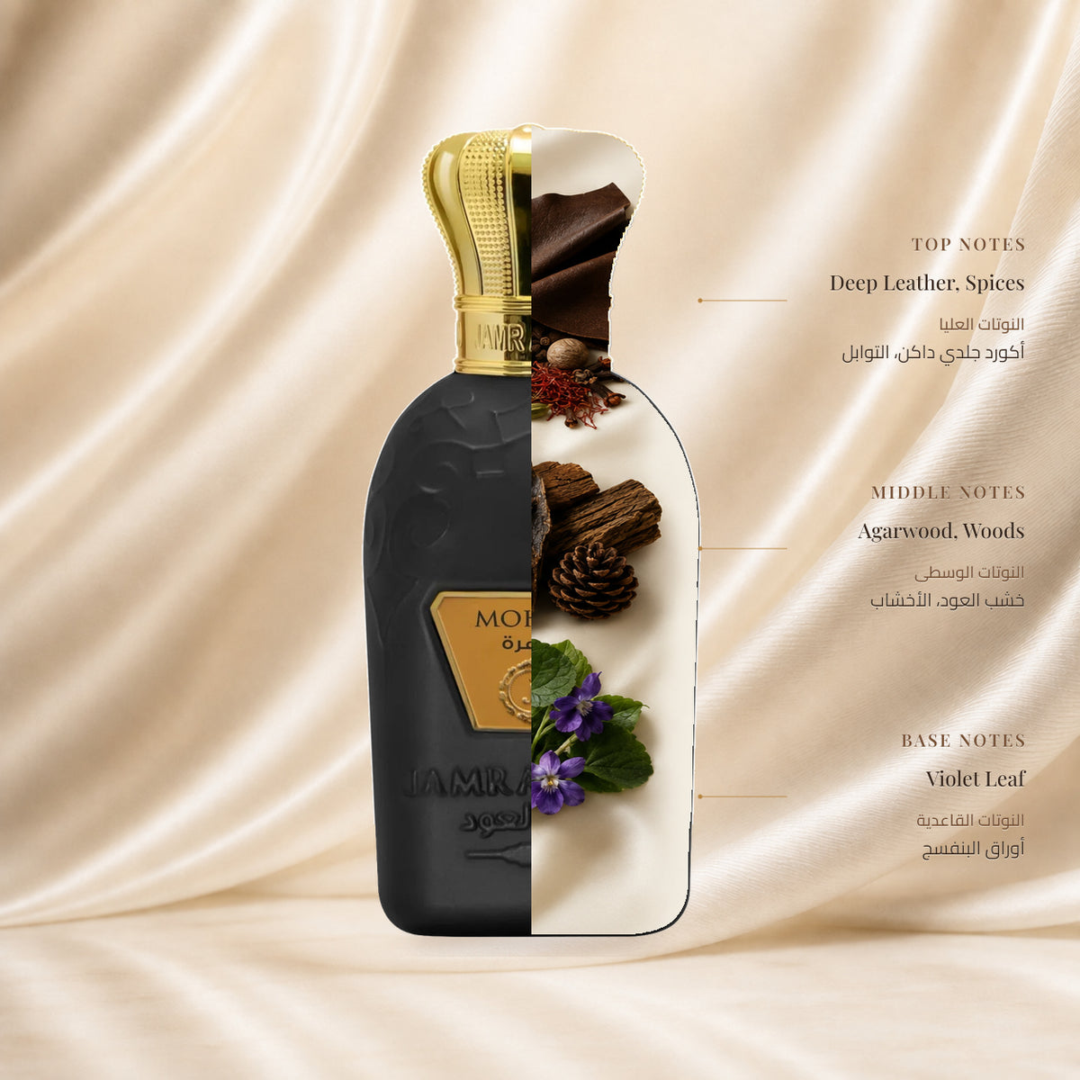 Mohra Perfume | عطر مهرة — Top: Deep Leather, Spices; Heart: Agarwood, Woods; Base: Violet Leaf — الافتتاحية: أكورد جلدي داكن، التوابل؛ القلب: خشب العود، الأخشاب؛ القاعدة: أوراق البنفسج
