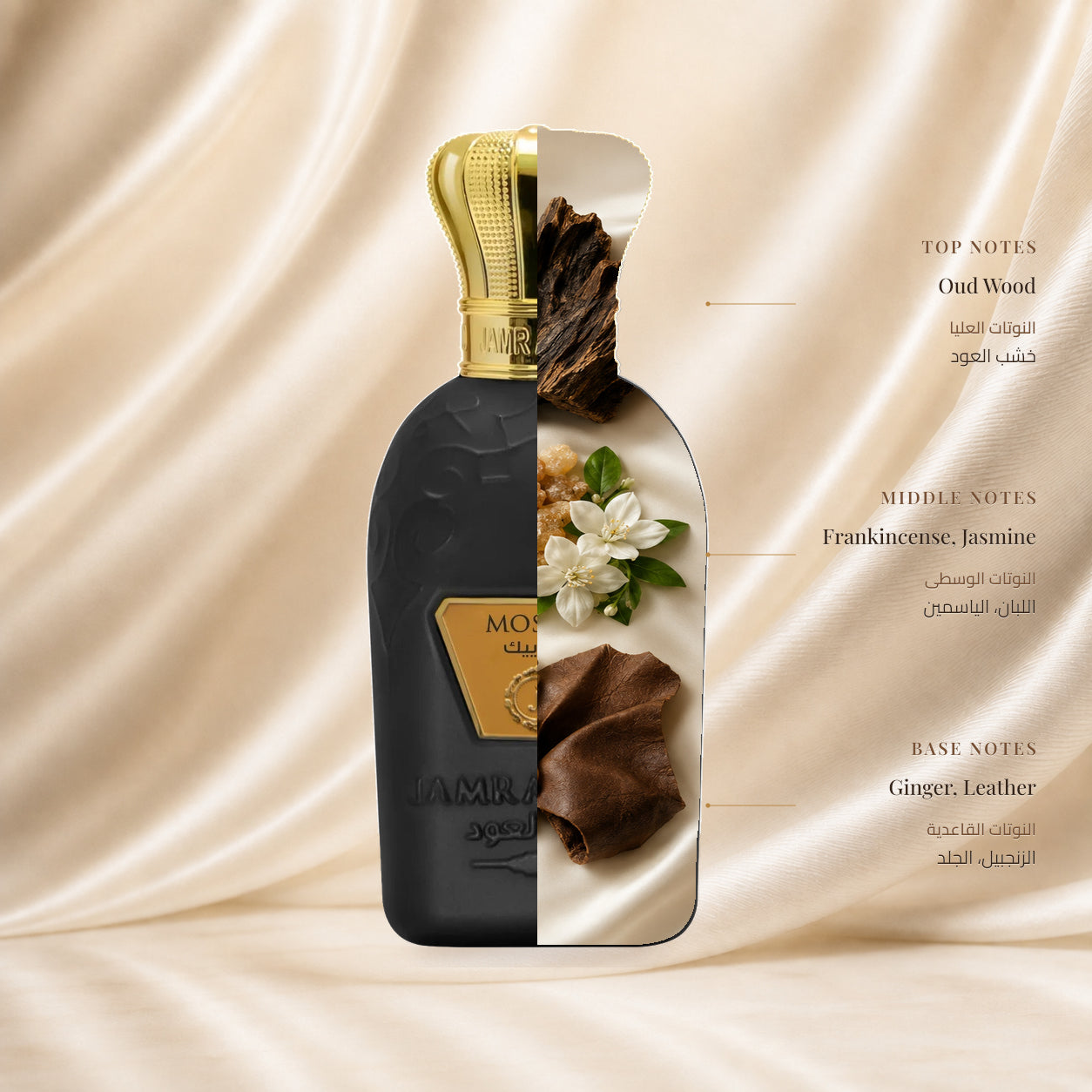 Mosaic Perfume | عطر موزاييك — Top: Oud Wood; Heart: Frankincense, Jasmine; Base: Ginger, Leather — الافتتاحية: خشب العود؛ القلب: اللبان، الياسمين؛ القاعدة: الزنجبيل، الجلد