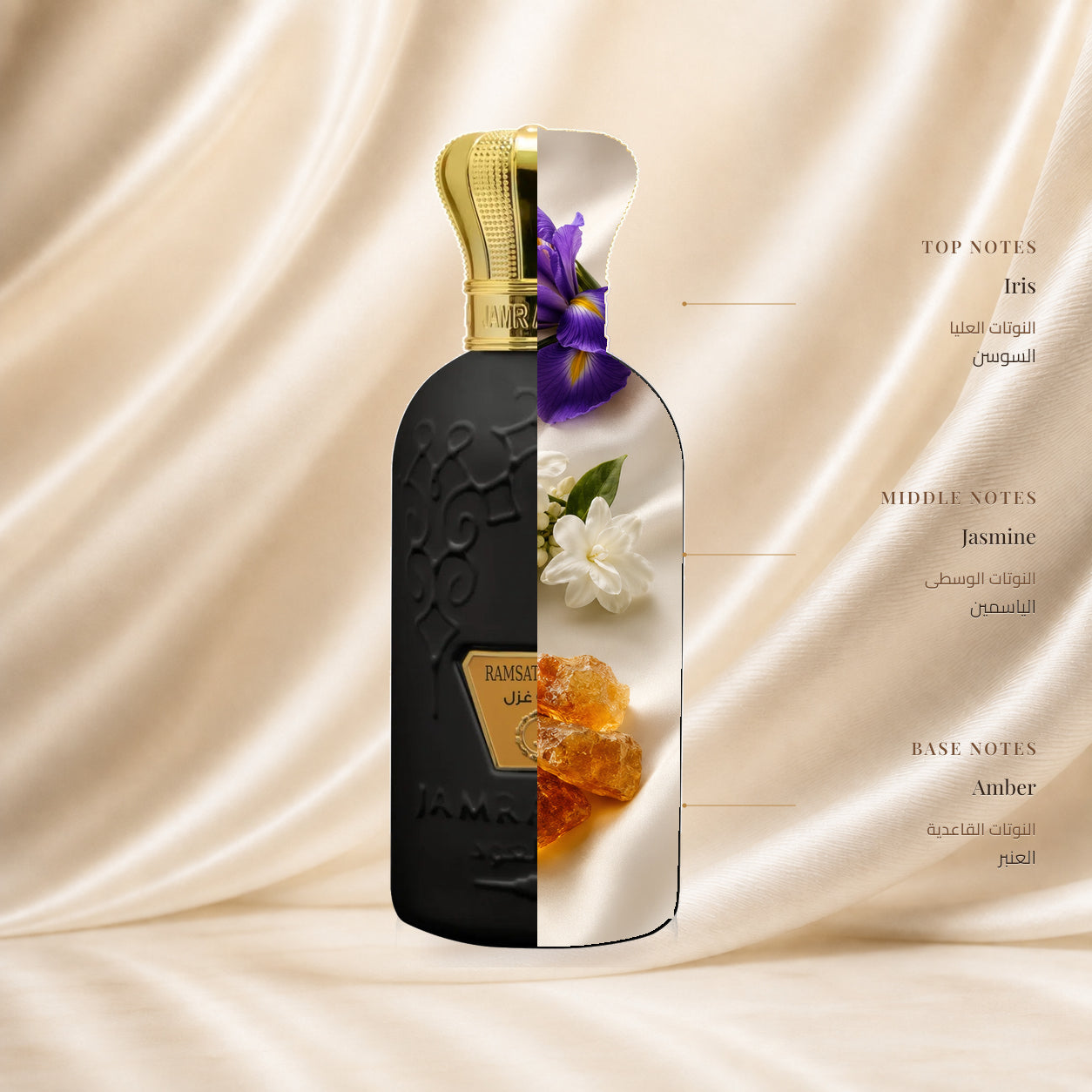 Ramsat Ghazal Perfume | عطر رمسة غزل — Top: Iris; Heart: Jasmine; Base: Amber — الافتتاحية: السوسن؛ القلب: الياسمين؛ القاعدة: العنبر