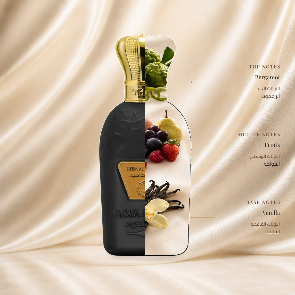 Reem Al Makahil Perfume | عطر ريم المكاحيل — Top: Bergamot; Heart: Fruits; Base: Vanilla — الافتتاحية: البرغموت؛ القلب: الفواكه؛ القاعدة: الفانيلا
