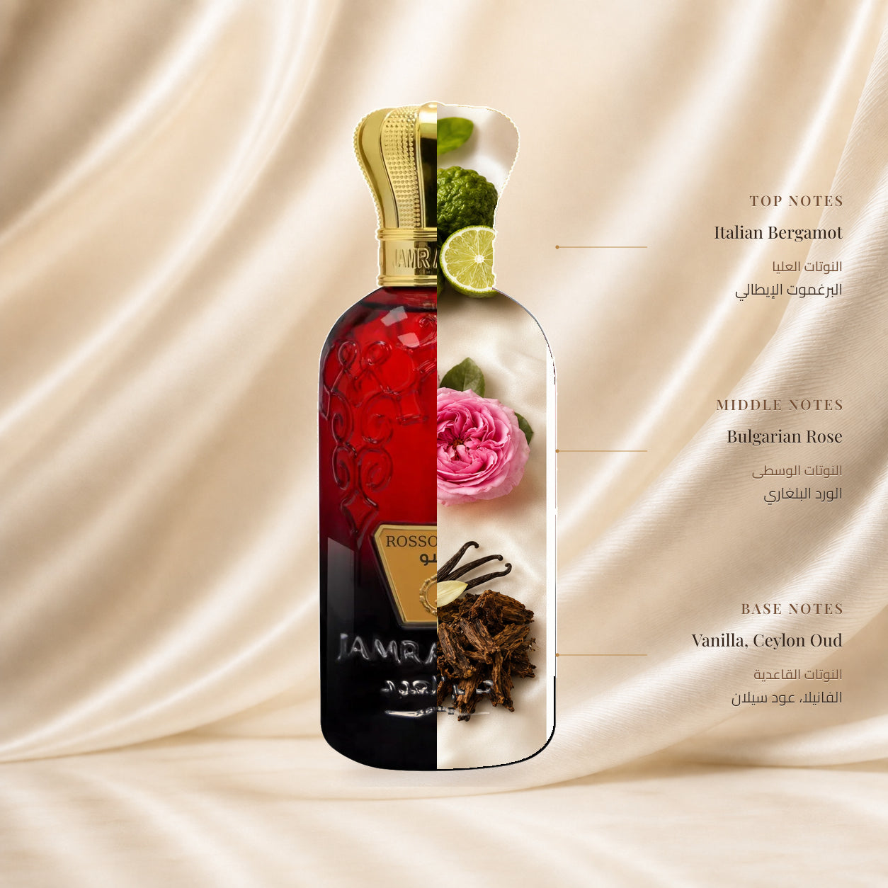 ROSSO SCENT PERFUME | عطر روسو — Top: Italian Bergamot; Heart: Bulgarian Rose; Base: Vanilla, Ceylon Oud — الافتتاحية: البرغموت الإيطالي؛ القلب: الورد البلغاري؛ القاعدة: الفانيلا، عود سيلان