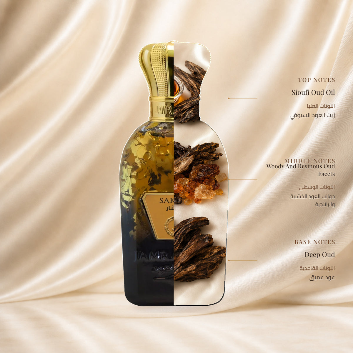 Sakar Perfume | عطر صقار — Top: Sioufi Oud Oil; Heart: Woody And Resinous Oud Facets; Base: Deep Oud — الافتتاحية: زيت العود السيوفي؛ القلب: جوانب العود الخشبية والراتنجية؛ القاعدة: عود عميق