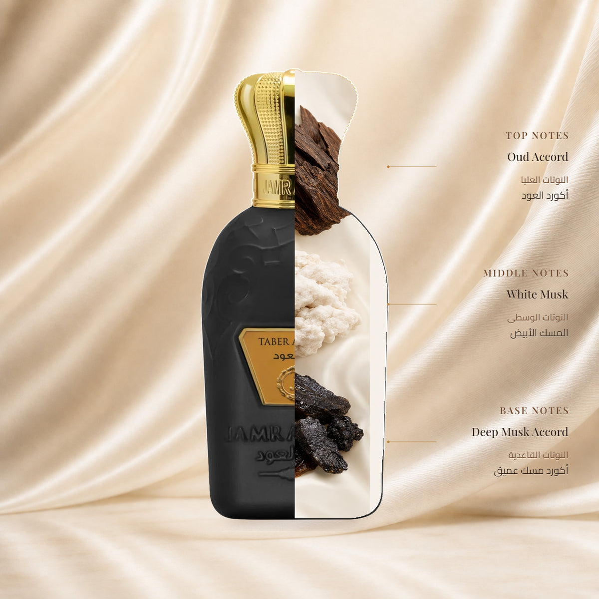 Tabir Al Oud Perfume | عطر تبر العود — Top: Oud Accord; Heart: White Musk; Base: Deep Musk Accord — الافتتاحية: أكورد العود؛ القلب: المسك الأبيض؛ القاعدة: أكورد مسك عميق