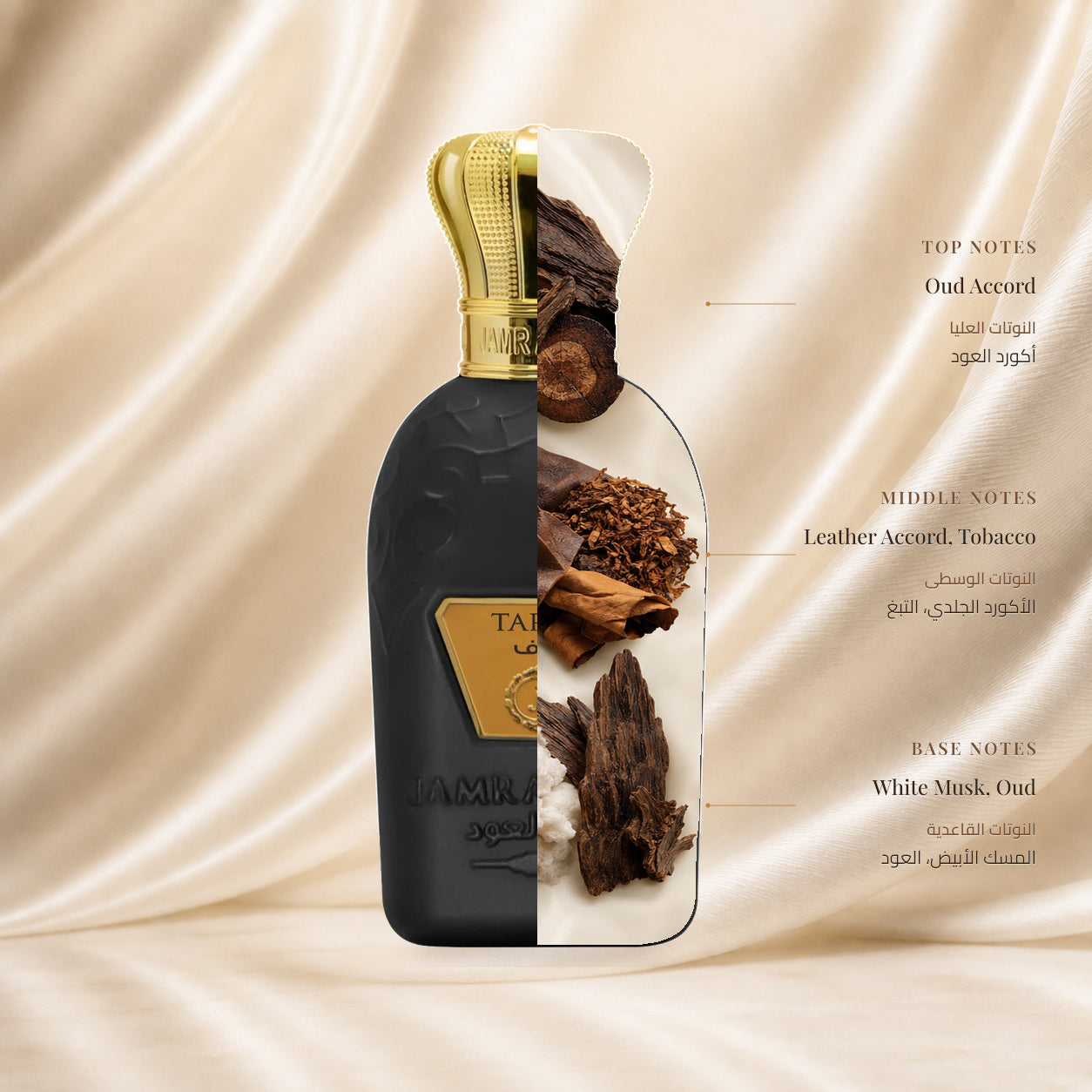 TARAF PERFUME | عطر ترف — Top: Oud Accord; Heart: Leather Accord, Tobacco; Base: White Musk, Oud — الافتتاحية: أكورد العود؛ القلب: الأكورد الجلدي، التبغ؛ القاعدة: المسك الأبيض، العود