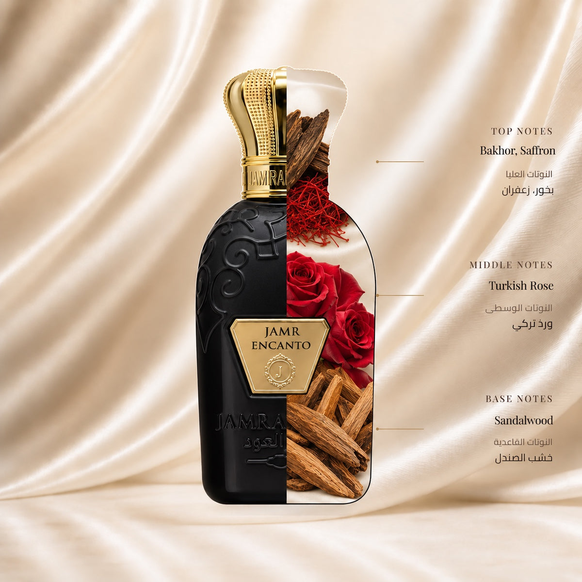 مكونات عطر جمر إنكانتو: البخور والزعفران في الافتتاحية، الورد التركي في القلب، وخشب الصندل في القاعدة