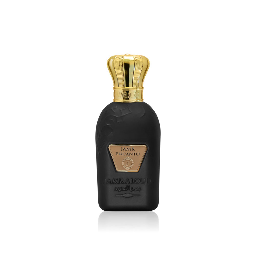 Jamr Encanto Perfume by Jamr Al Oud, matte black bottle with a gold crown cap on a white background