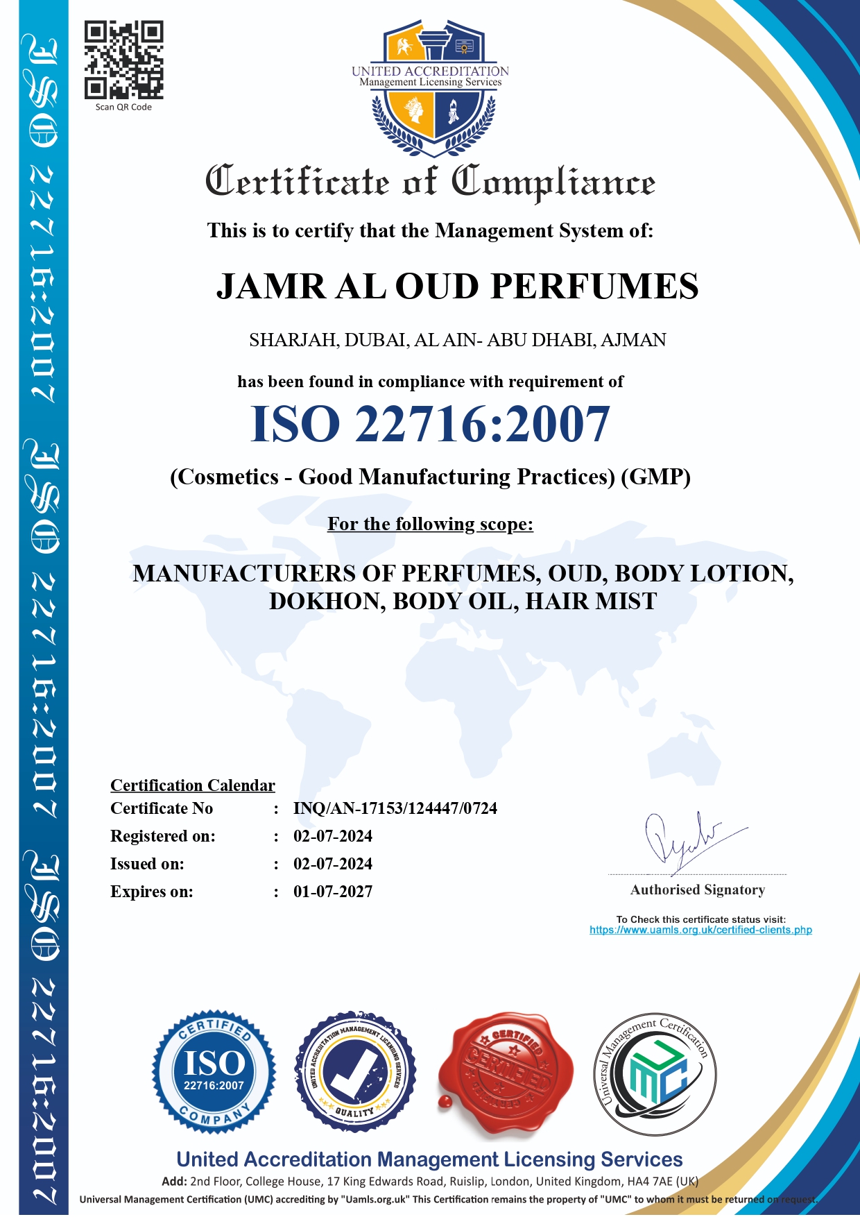 certificate JAMR AL OUD PERFUMES