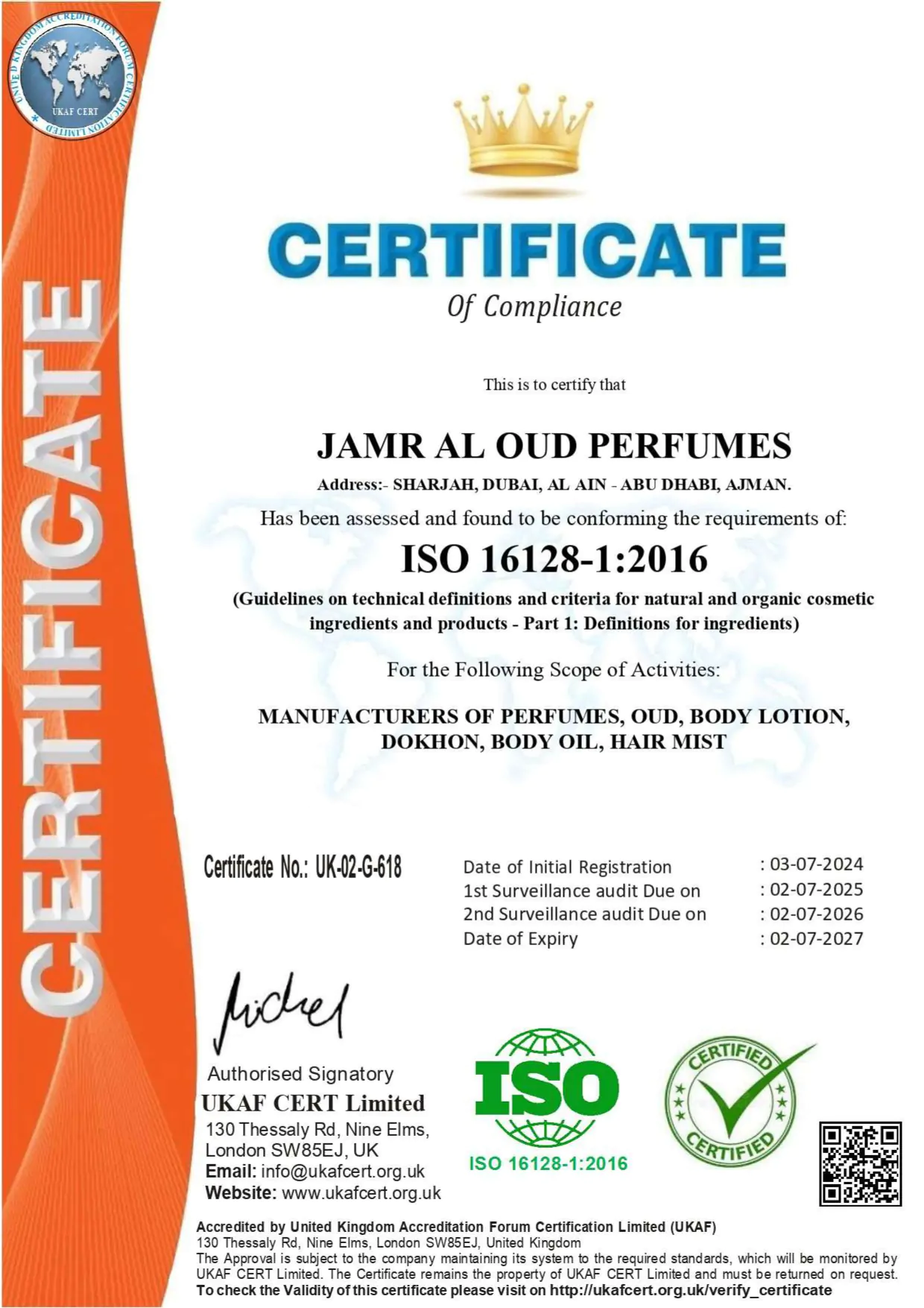 ISO 16128-1 OF UK JAMR AL OUD PERFUMES